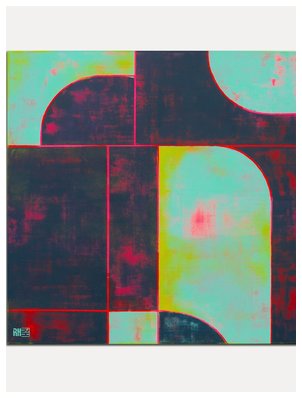 Circle in Circle black blue square - abstract schilderij van Ronald Hunter
