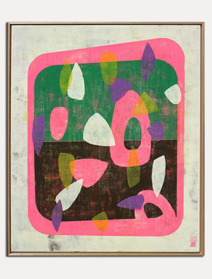 Fractured neon pink in green - abstract schilderij van Ronald Hunter