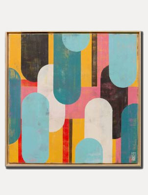 Traffic pink square incl. lijst - abstract schilderij van Ronald Hunter