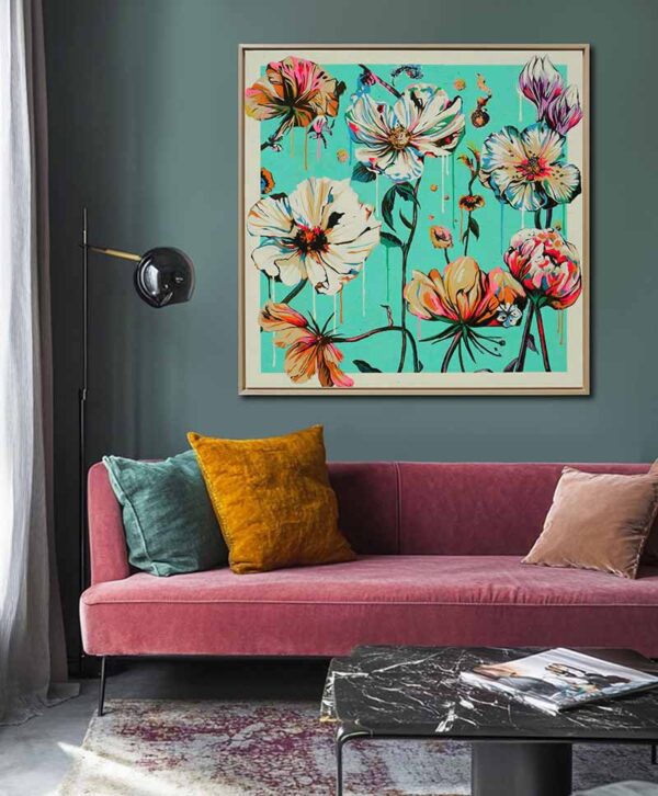 Bloemen schilderij - fantasy flowers turquoise
