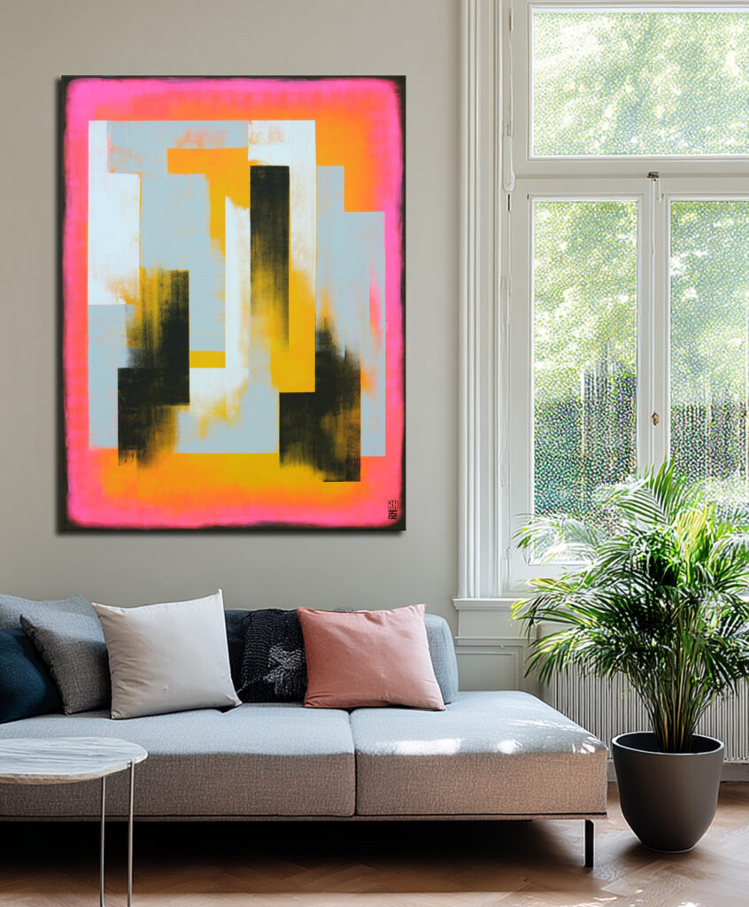 neon roze schilderij met geel abstracte vlakken