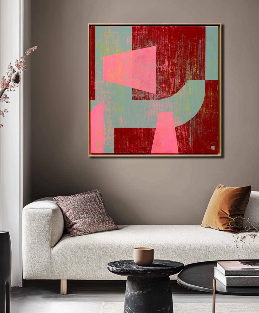 abstract schilderij - Fractured fallen red pink